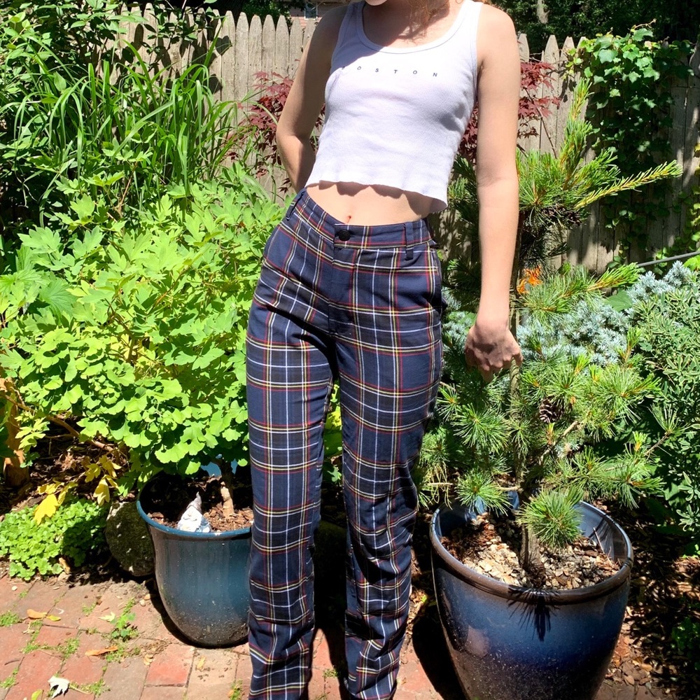 Plaid high waisted fit and flare navy pants!